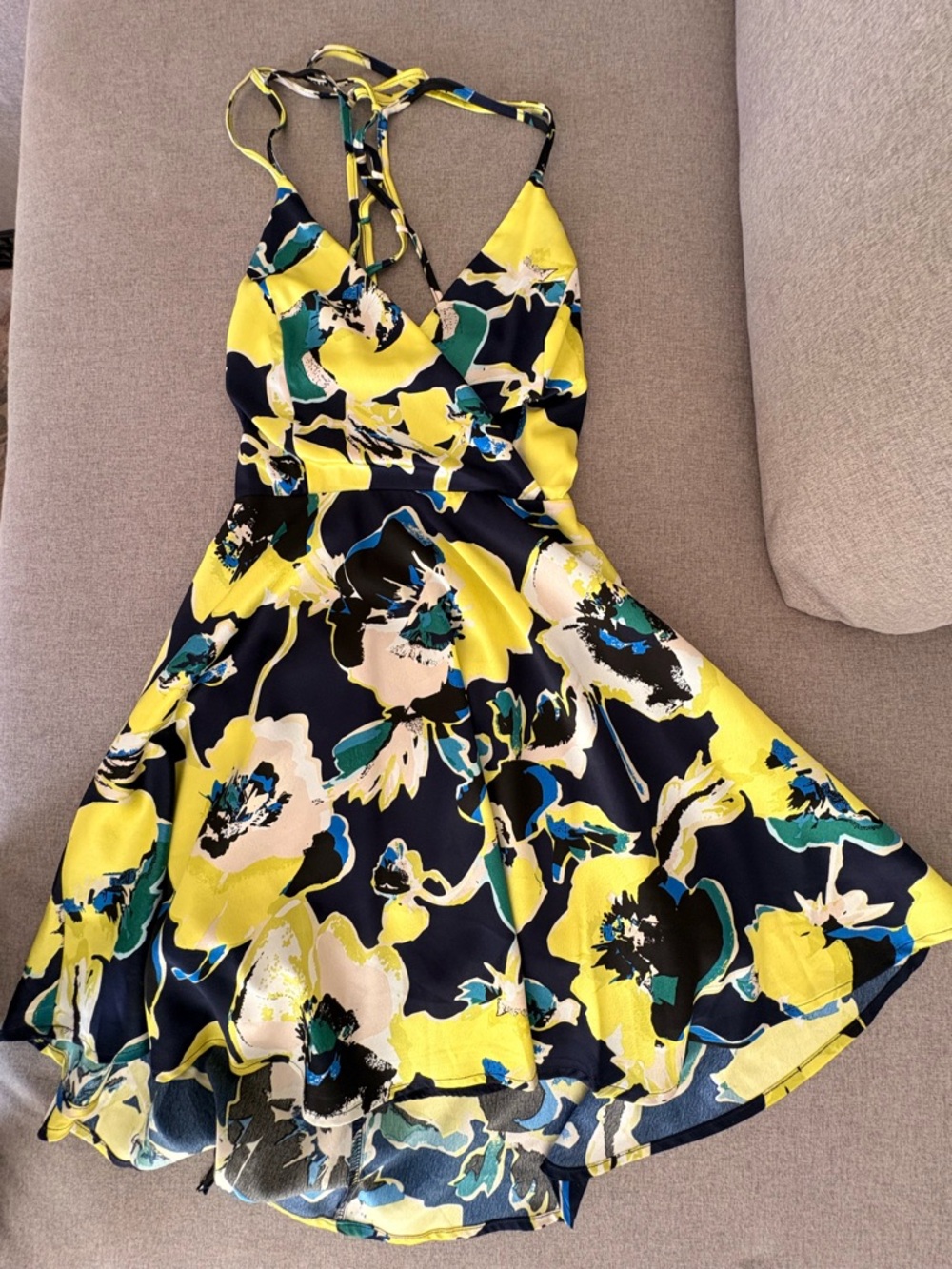 Lulu's Yellow Navy Floral Halter Dress
